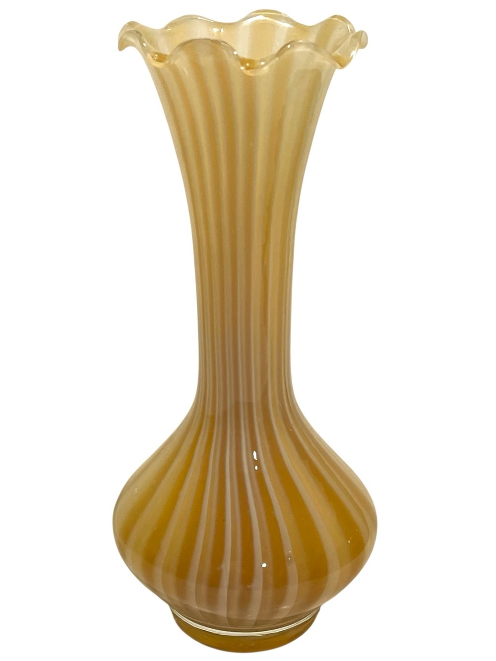 Vintage 1980s Hand Blown Glass Ruffled Striped Butterscotch Tulip Bud Vase